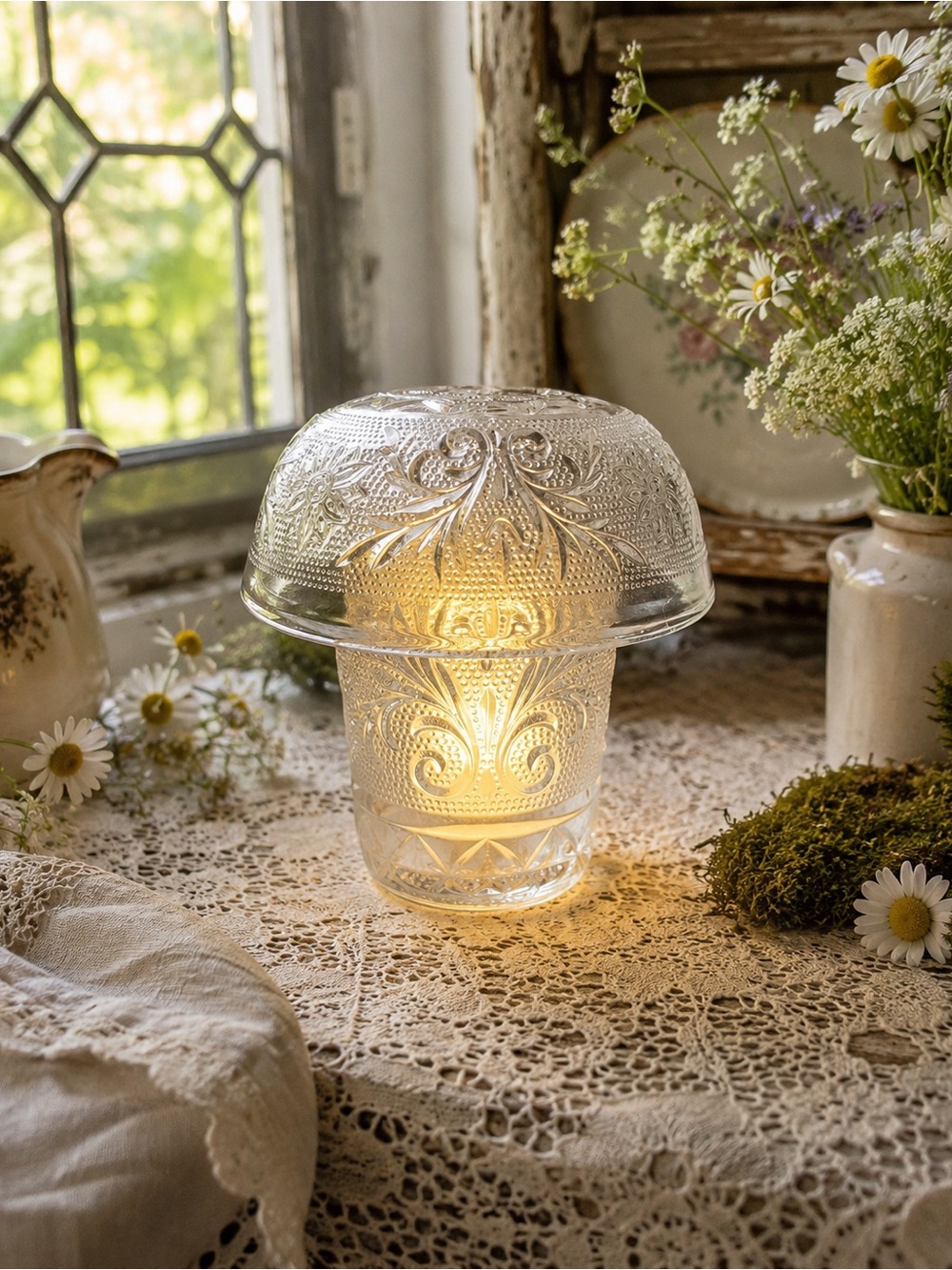 Vintage Tiara Clear Glass Fairy Lamp | Mushroom Style | Hand-Curated Cottagecore